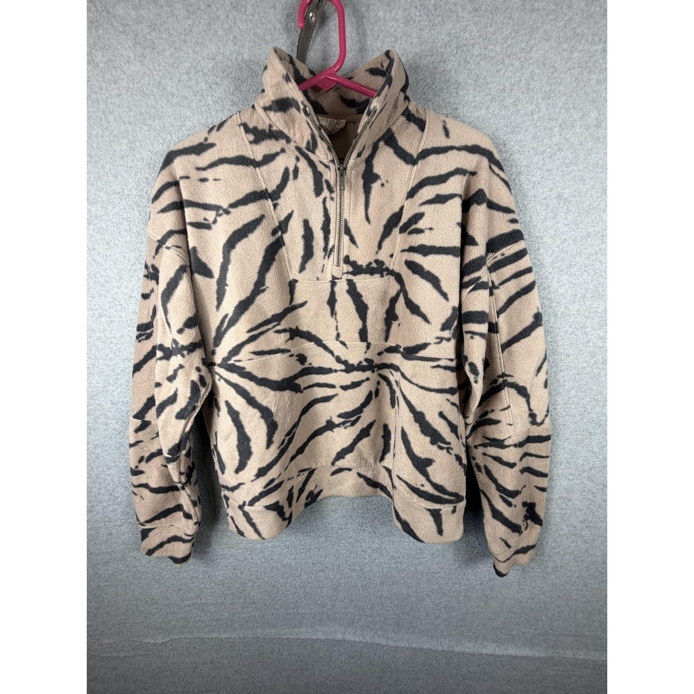 Cozie By Pink Rose Sweater Womens Medium Beige Fleece‎ 1/4 Zip Animal Print